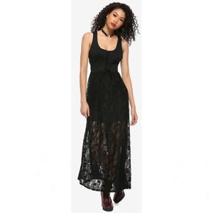 Black Lace-Up Skull Lace Maxi Dress